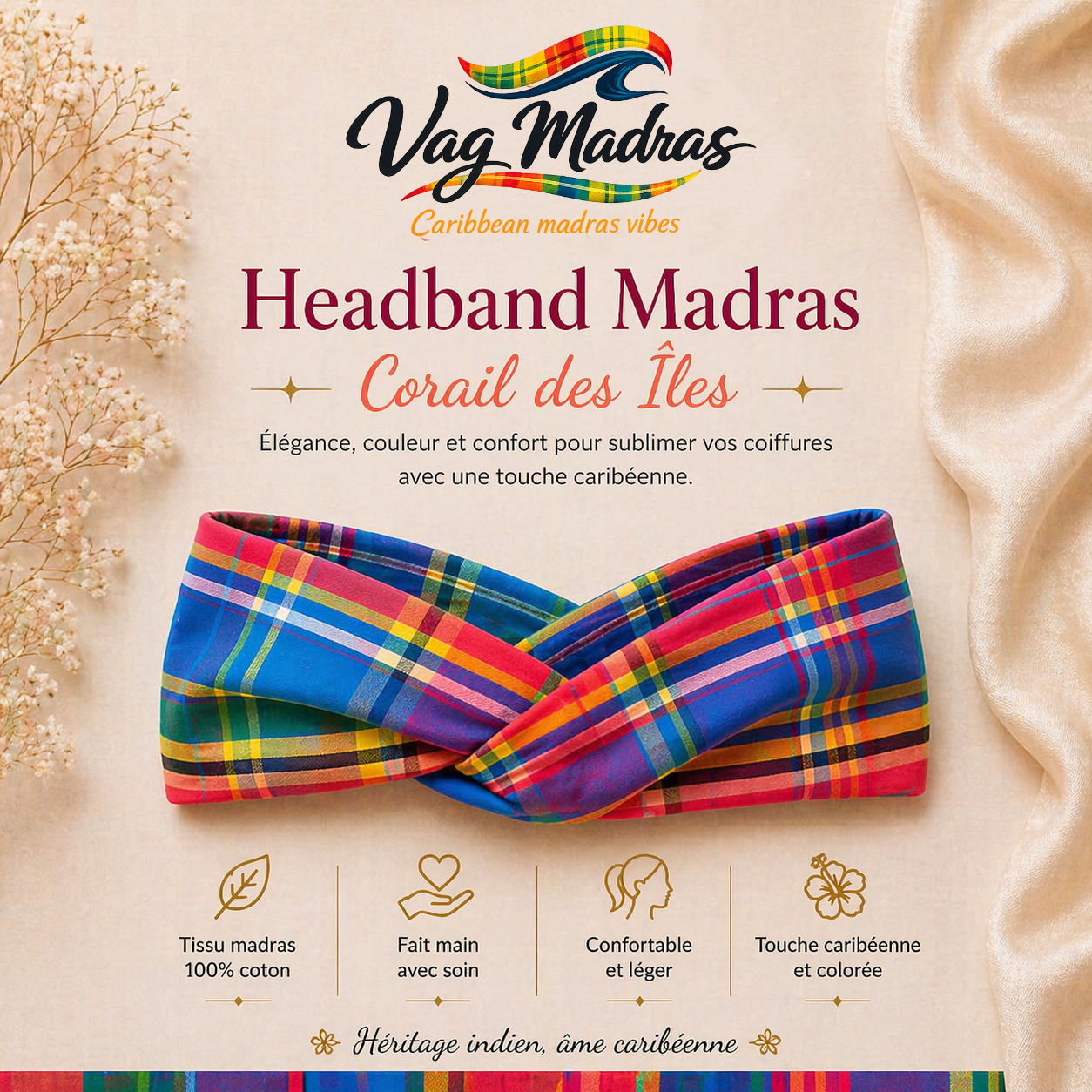 Headband Madras Corail des Îles – fait main