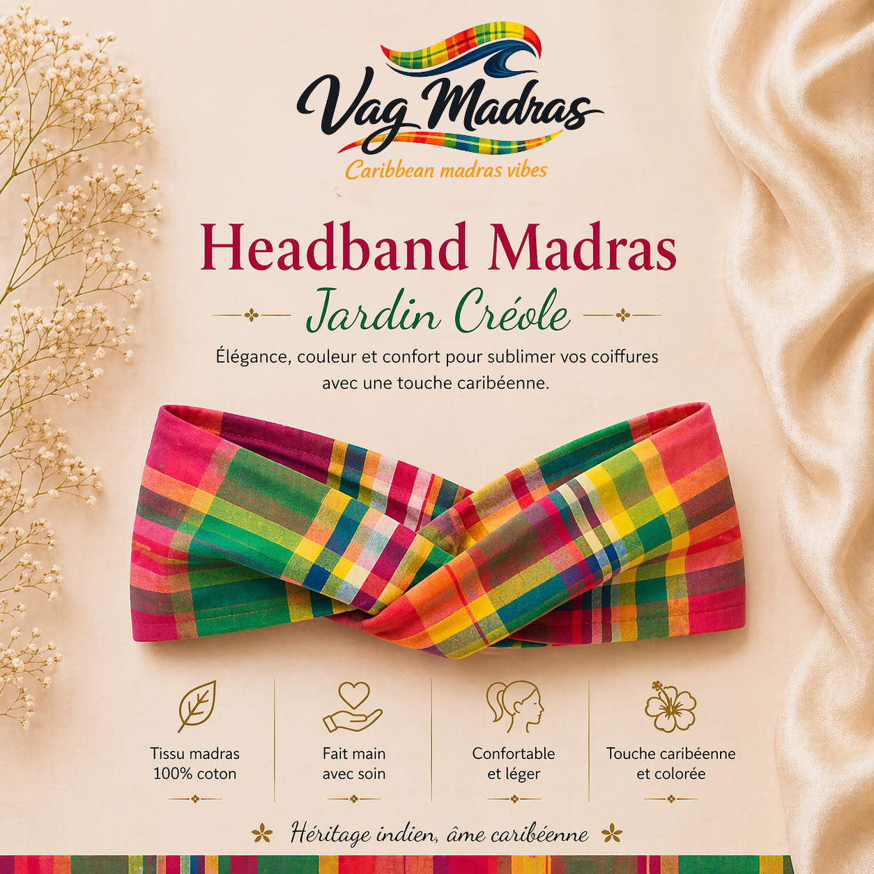 Headband Madras Jardin Créole – fait main