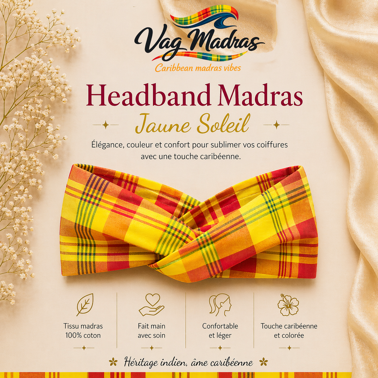 Headband Madras Jaune Soleil – fait main