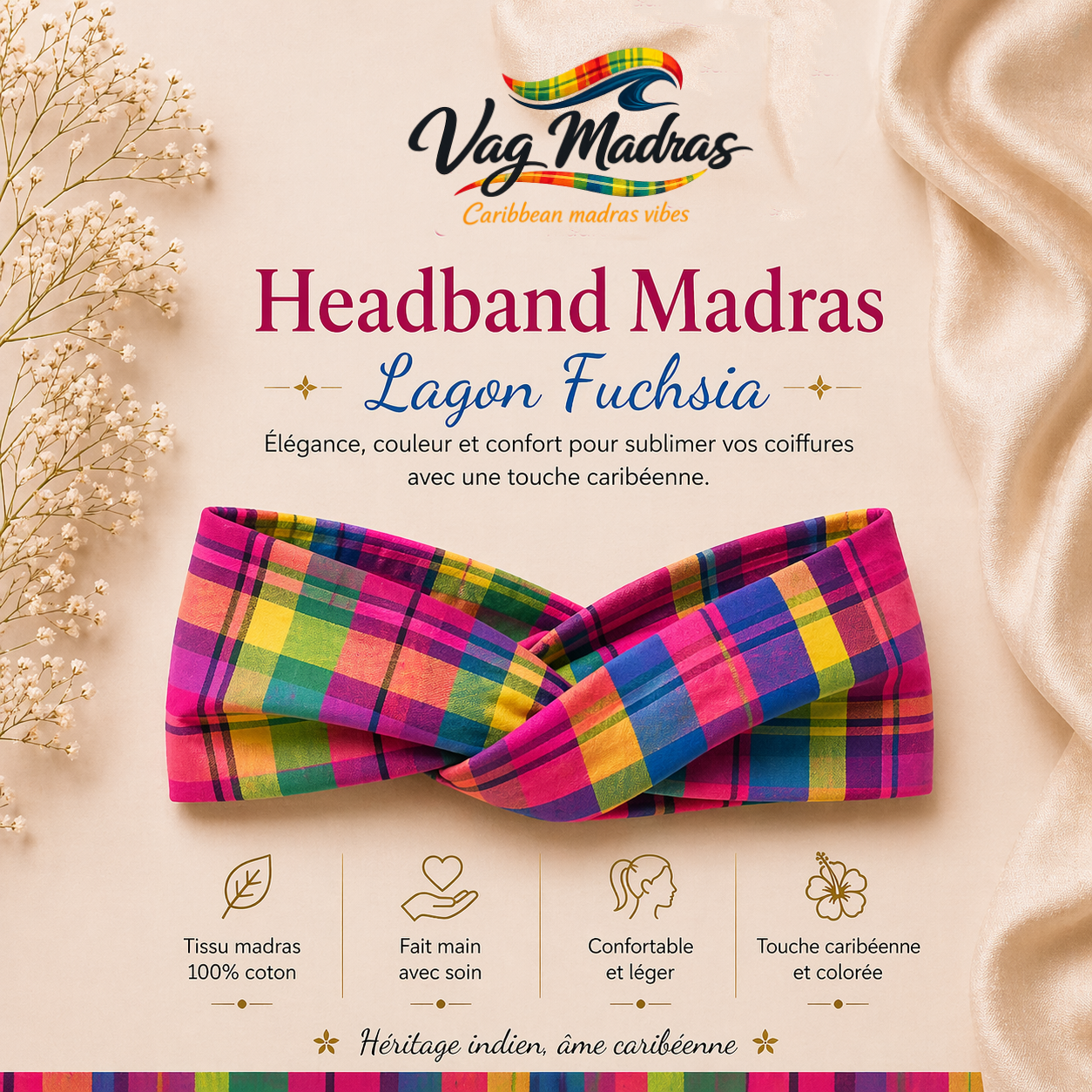 Headband Madras Lagon Fuchsia – fait main