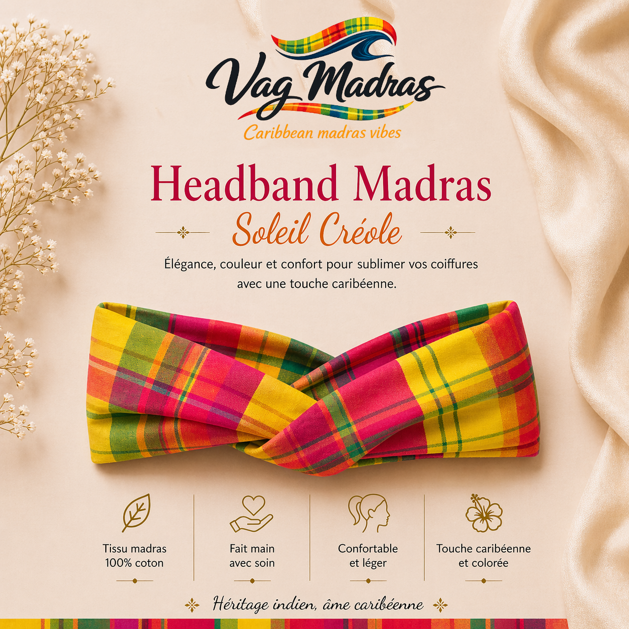 Headband Madras Soleil Créole – fait main