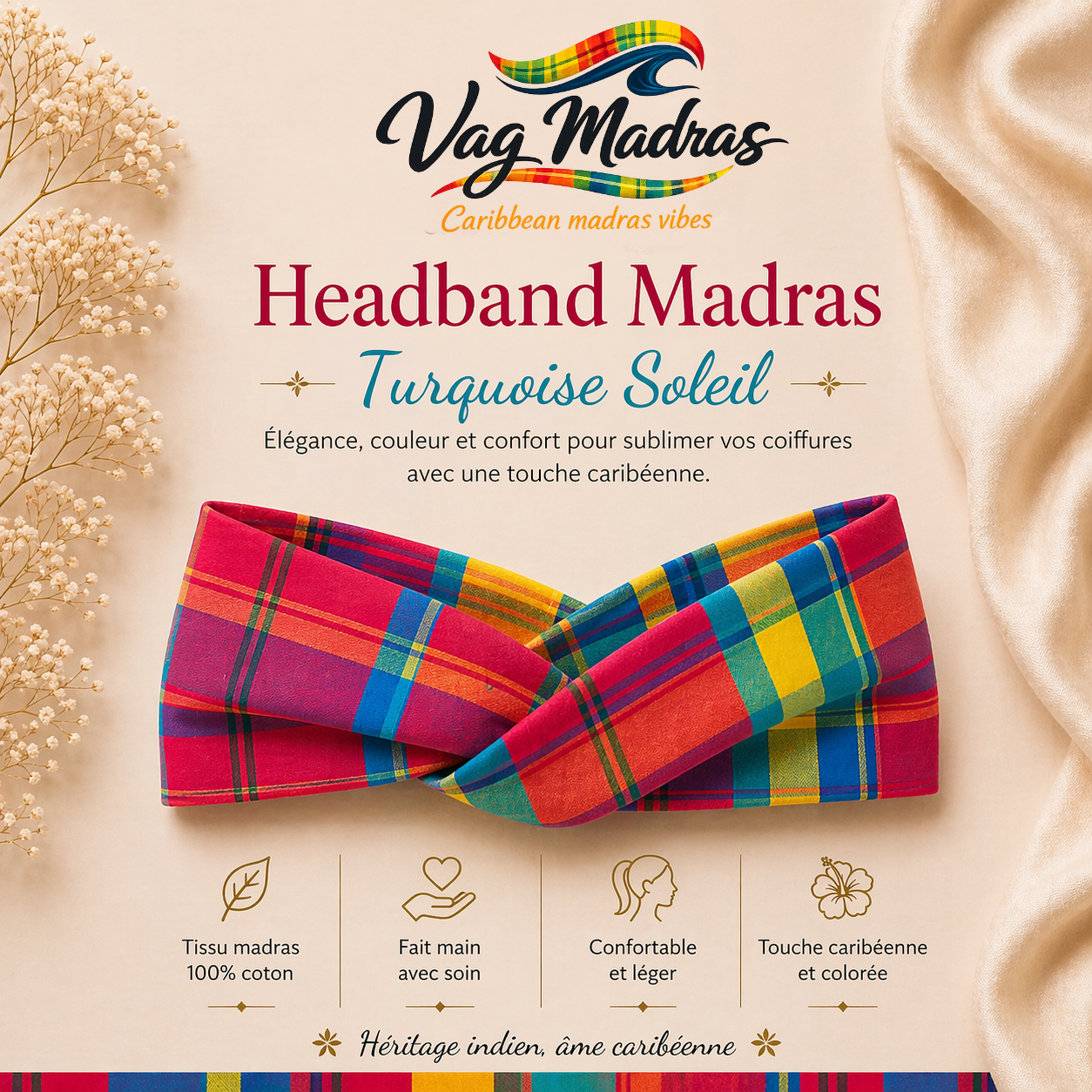 Headband Madras Turquoise Soleil – fait main