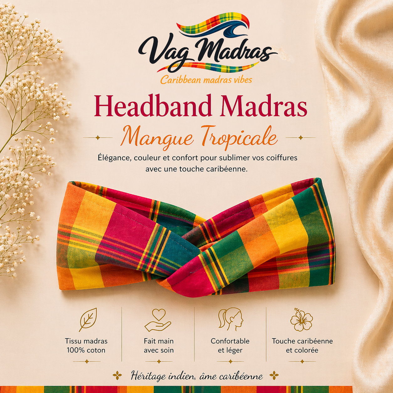 Headband Madras Mangue Tropicale – fait main
