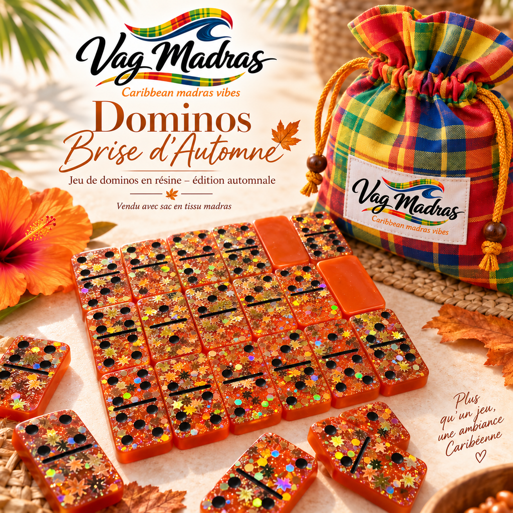 Jeu de dominos fins en résine Éclats d’Automne – Sac madras inclus – vue 1 – Vag Madras
