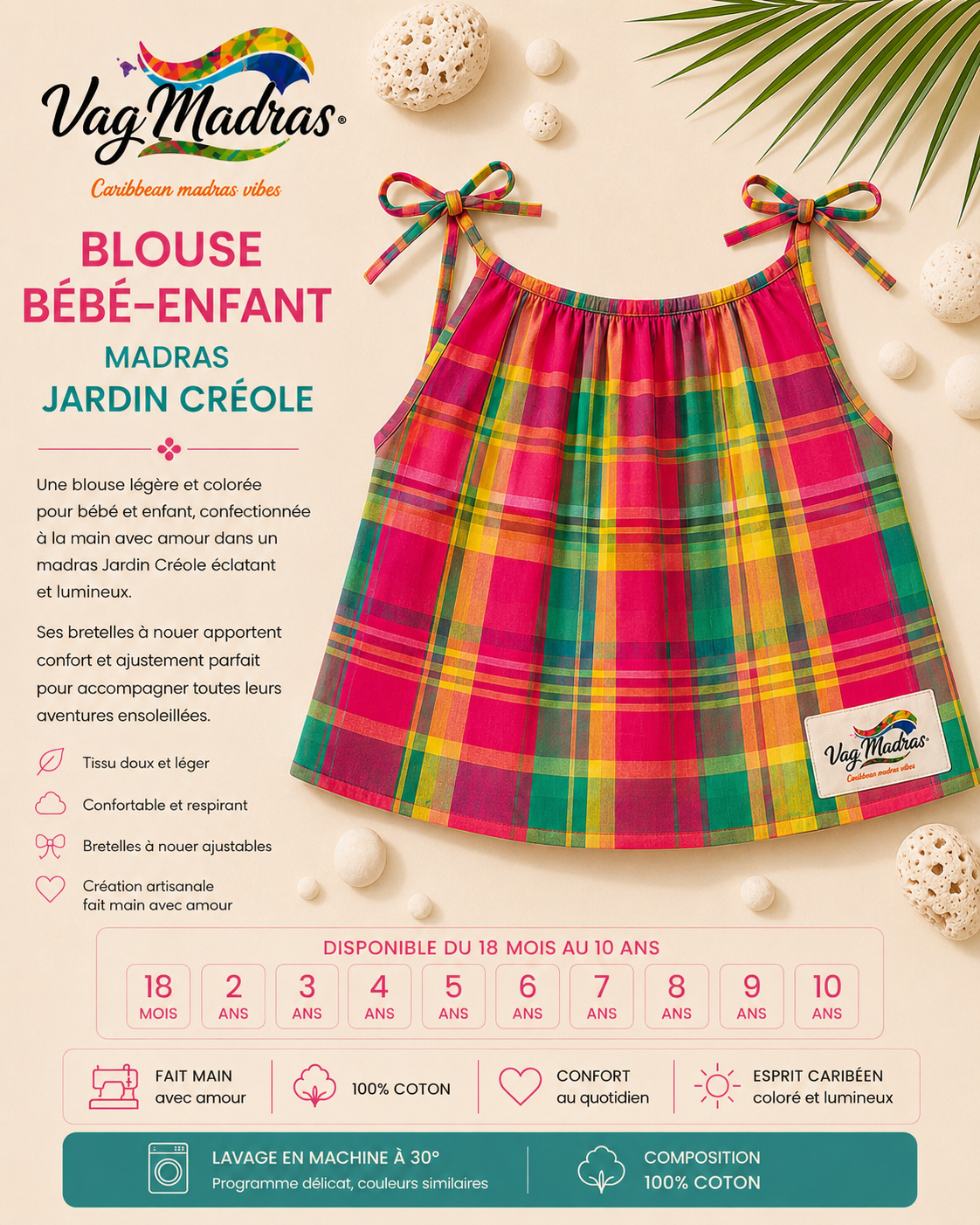 Blouse bébé-enfant madras Jardin Créole – fait main