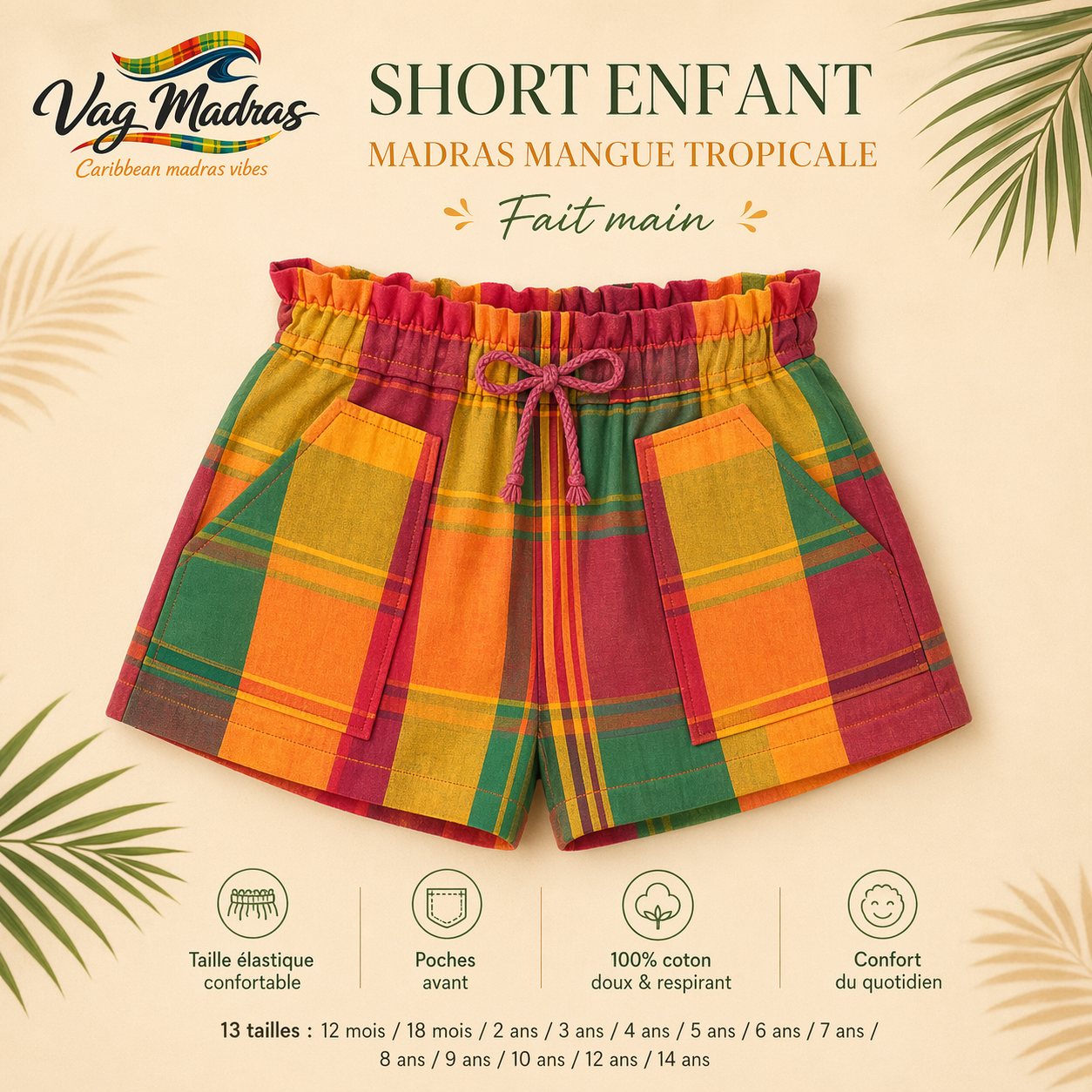 Short enfant madras Mangue Tropicale – fait main
