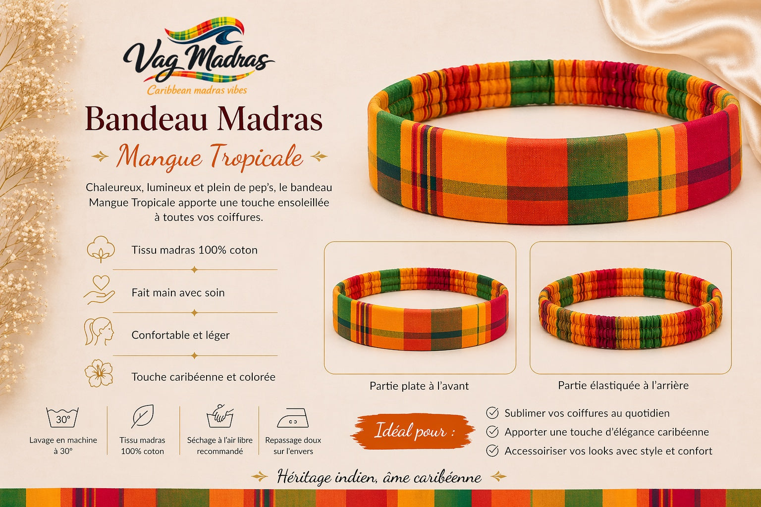 Bandeau Madras Mangue Tropicale – fait main