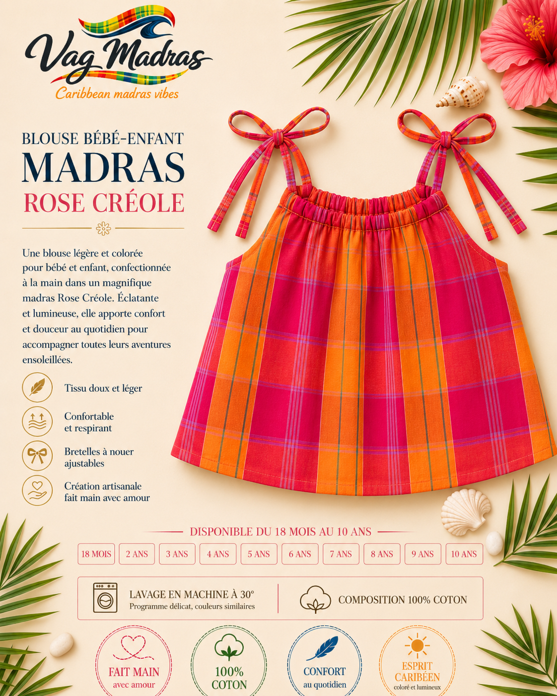 Blouse bébé-enfant madras Rose Créole – fait main