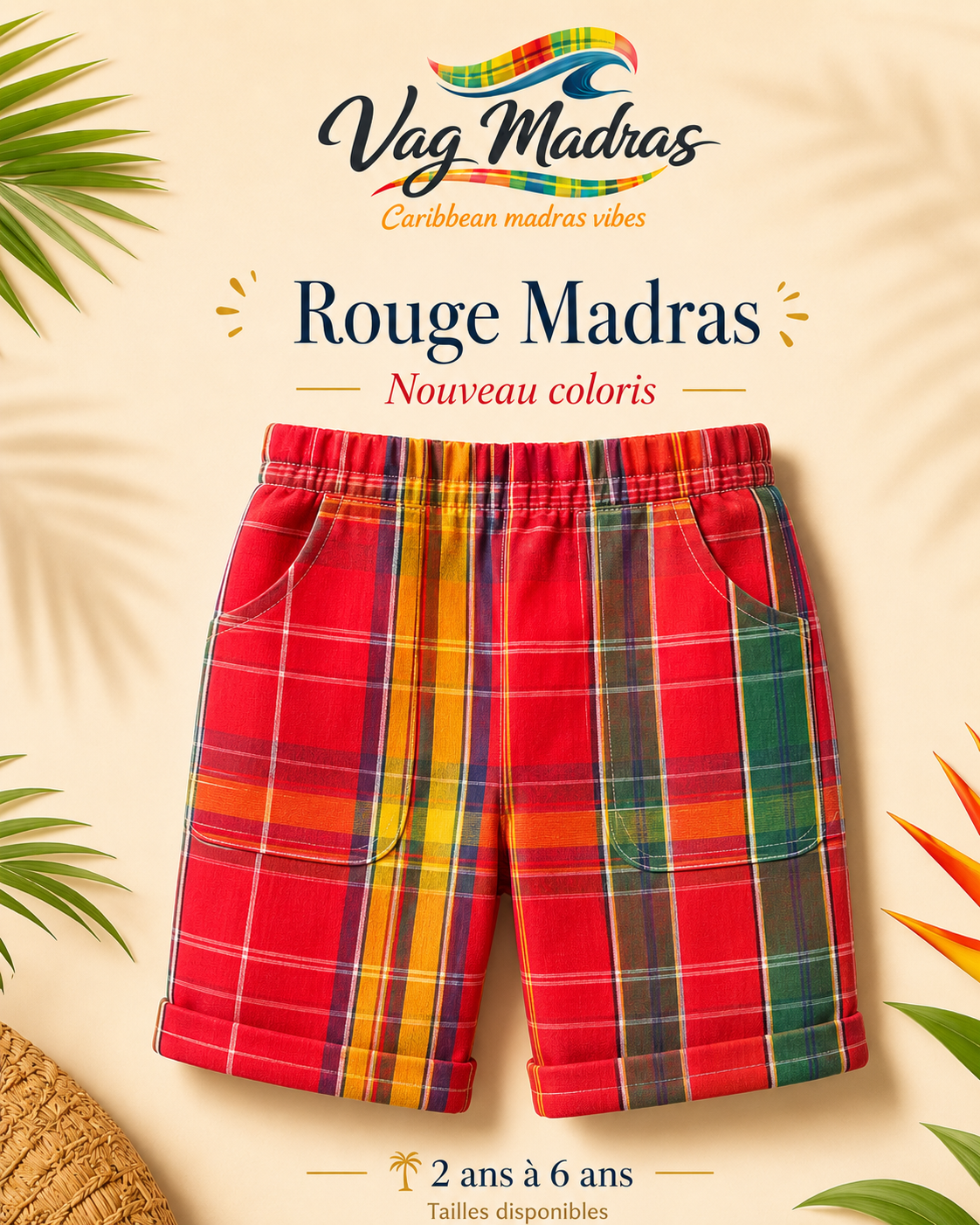 Bermuda garçon madras Rouge Madras – fait main