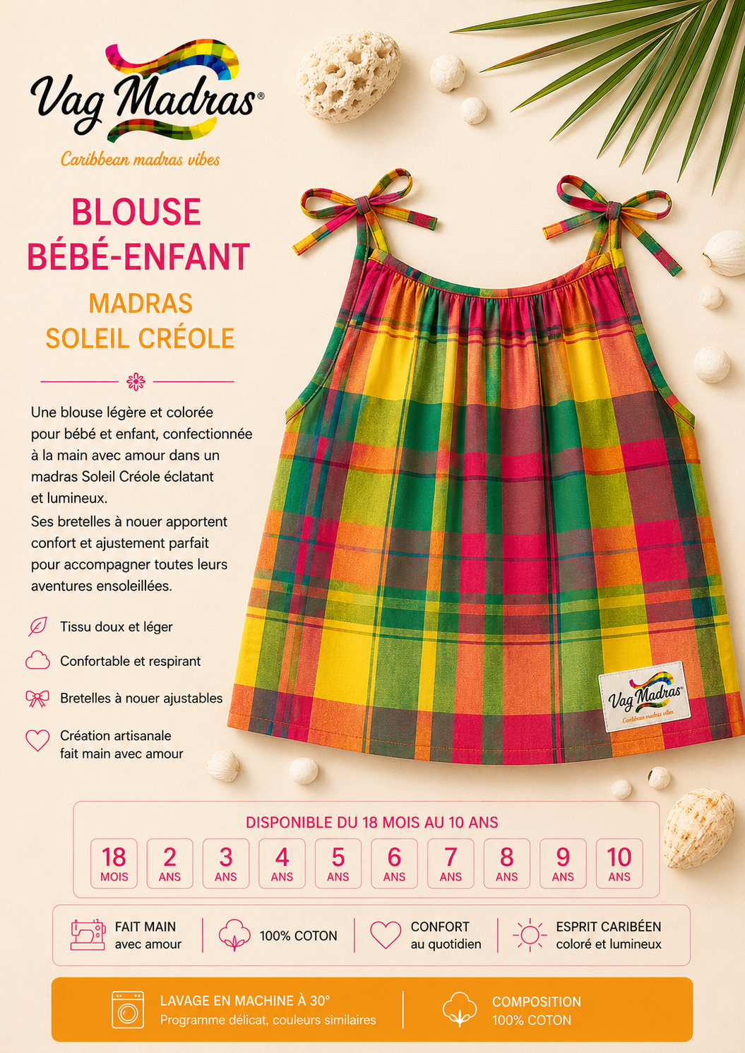Blouse bébé-enfant madras Soleil Créole – fait main
