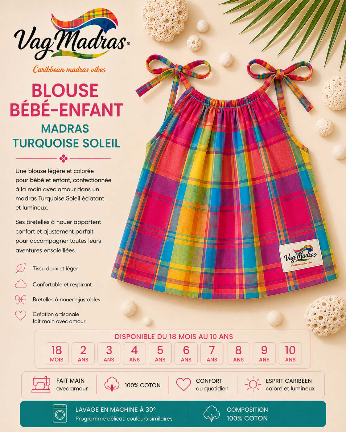 Blouse bébé-enfant madras Turquoise Soleil – fait main