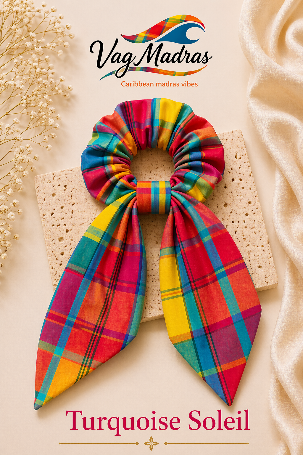 Foulchie madras Turquoise Soleil – fait main