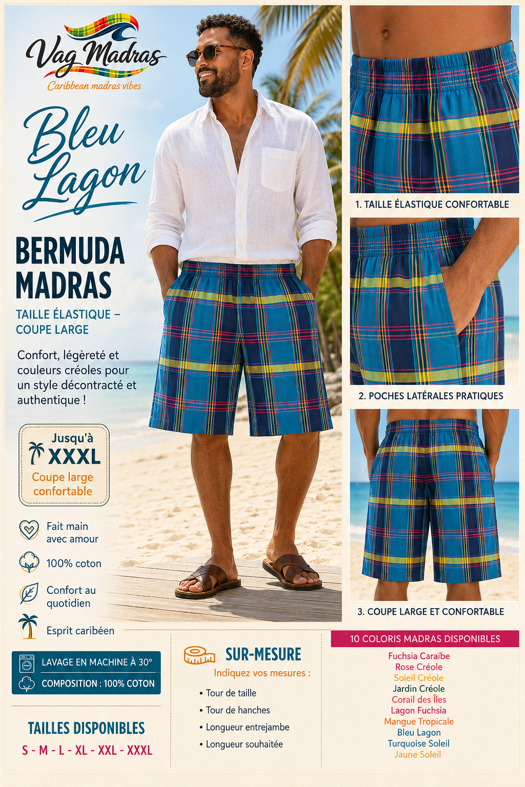 Bermuda Madras Homme/Femme – Taille élastique – Coupe large