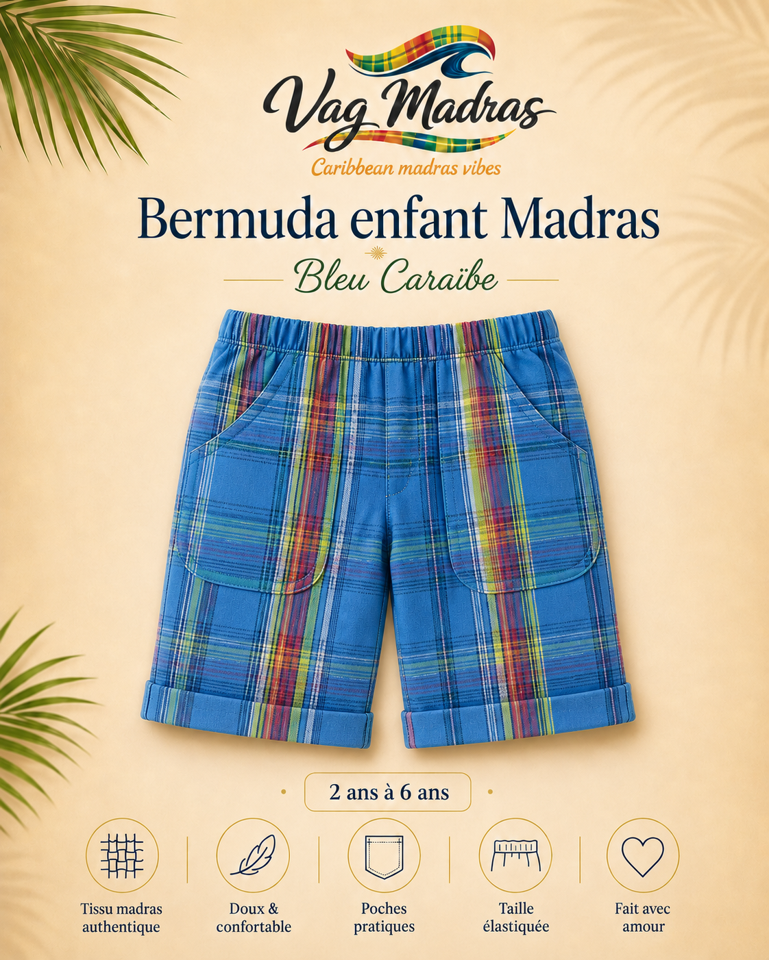 Bermuda garçon madras Bleu Caraïbe – fait main