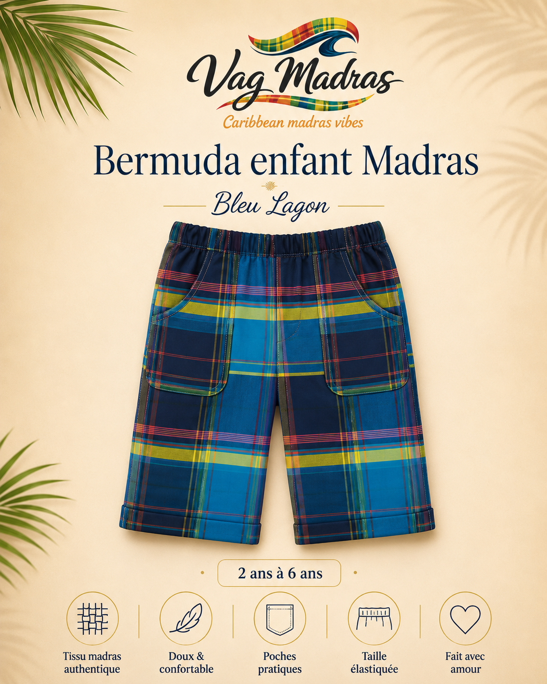 Bermuda garçon madras Bleu Lagon – fait main