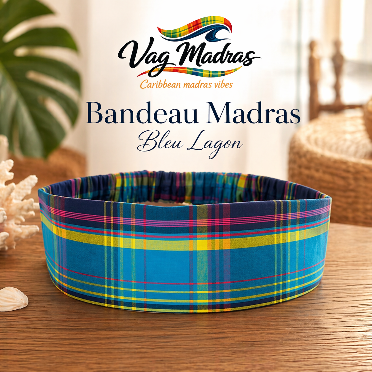 Bandeau Madras Bleu Lagon – fait main