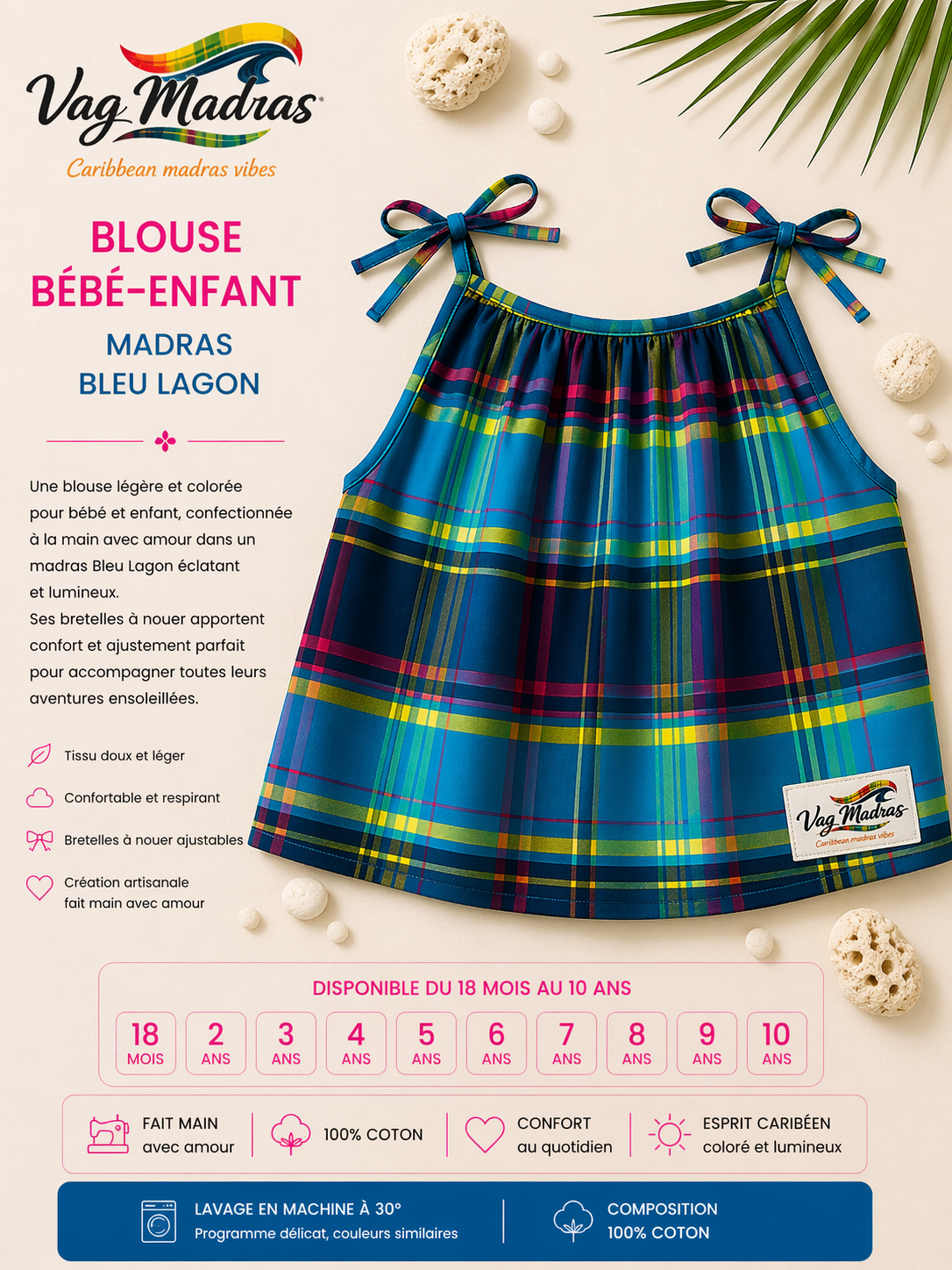 Blouse bébé-enfant madras Bleu Lagon – fait main