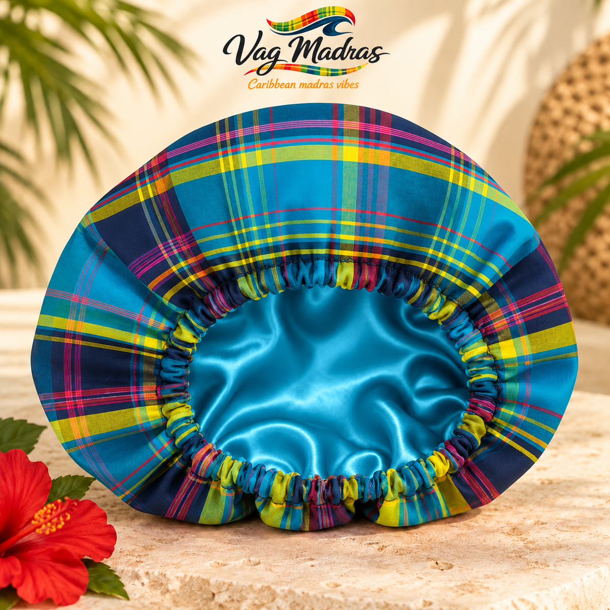 Bonnet satin et madras Bleu Lagon fait main - Vag Madras