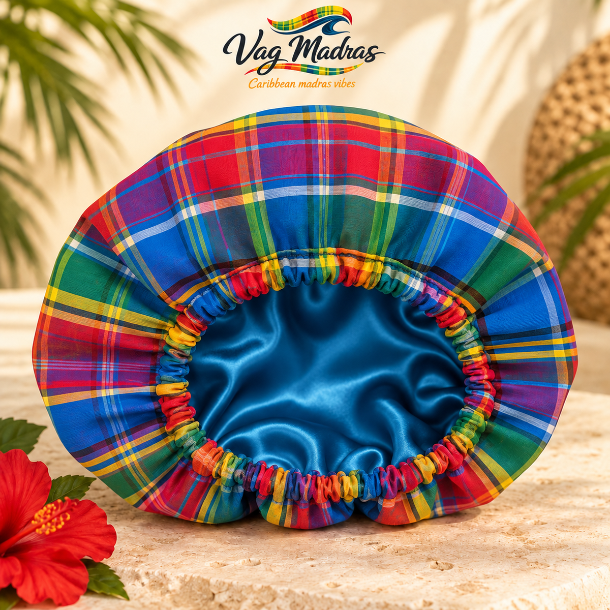 Bonnet satin et madras Corail des Îles fait main - Vag Madras