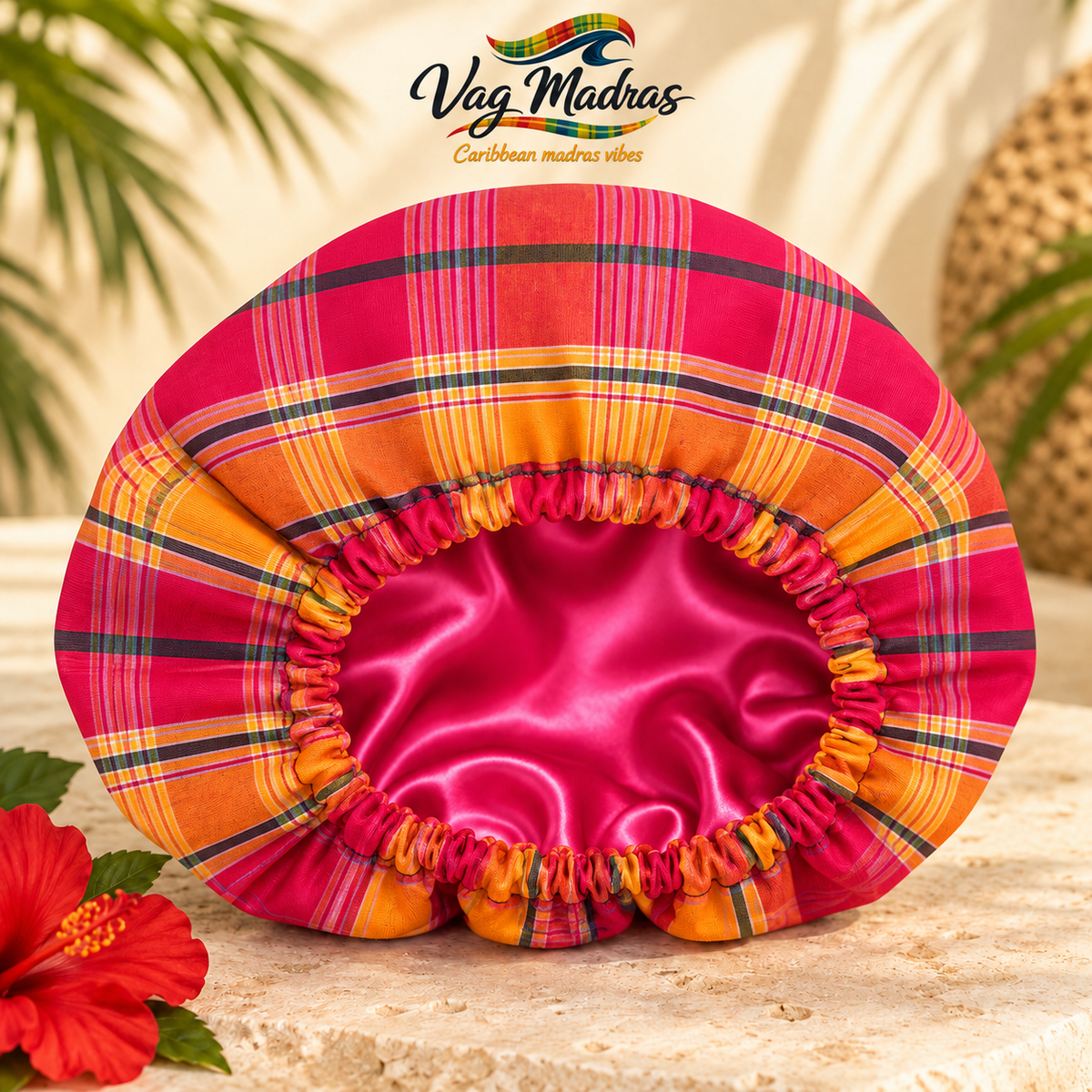 Bonnet satin et madras Fuchsia Caraïbe fait main - Vag Madras