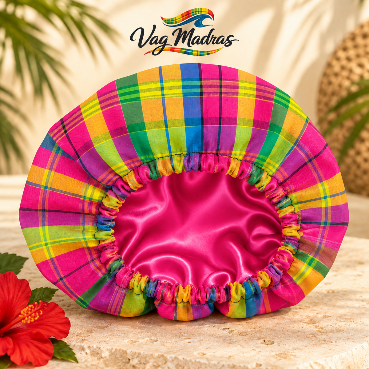 Bonnet satin et madras Lagon Fuchsia fait main - Vag Madras