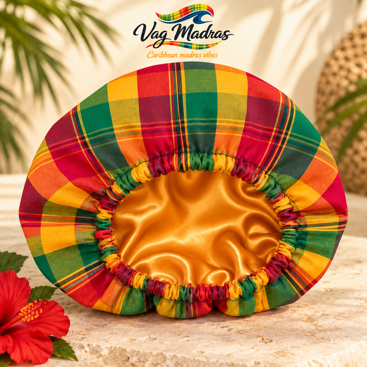 Bonnet satin et madras Mangue Tropicale fait main - Vag Madras