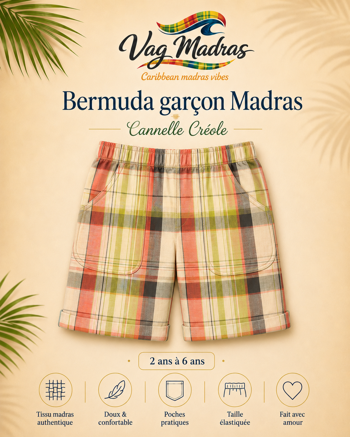 Bermuda garçon madras Cannelle Créole – fait main