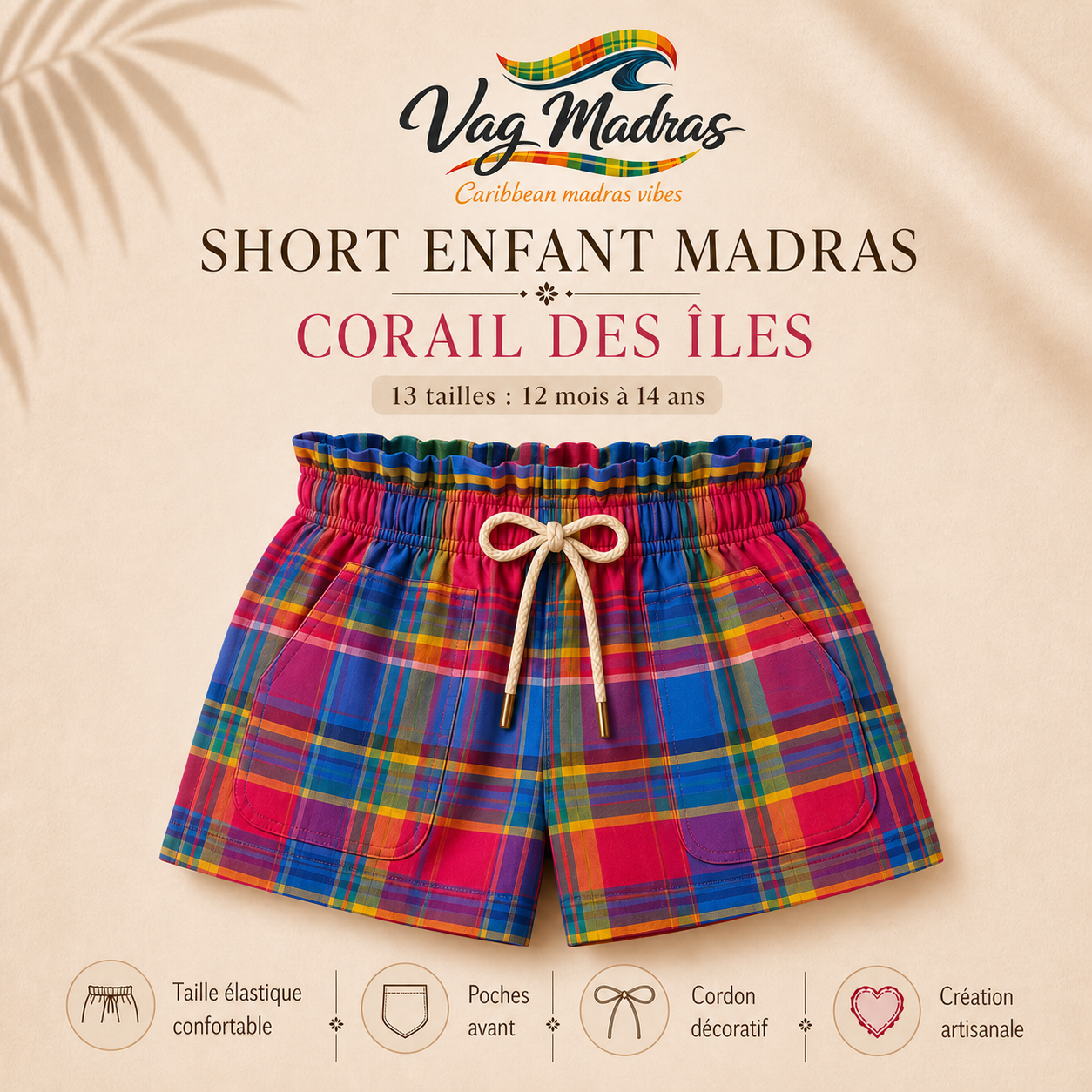 Short fille madras – Taille élastique – fait main