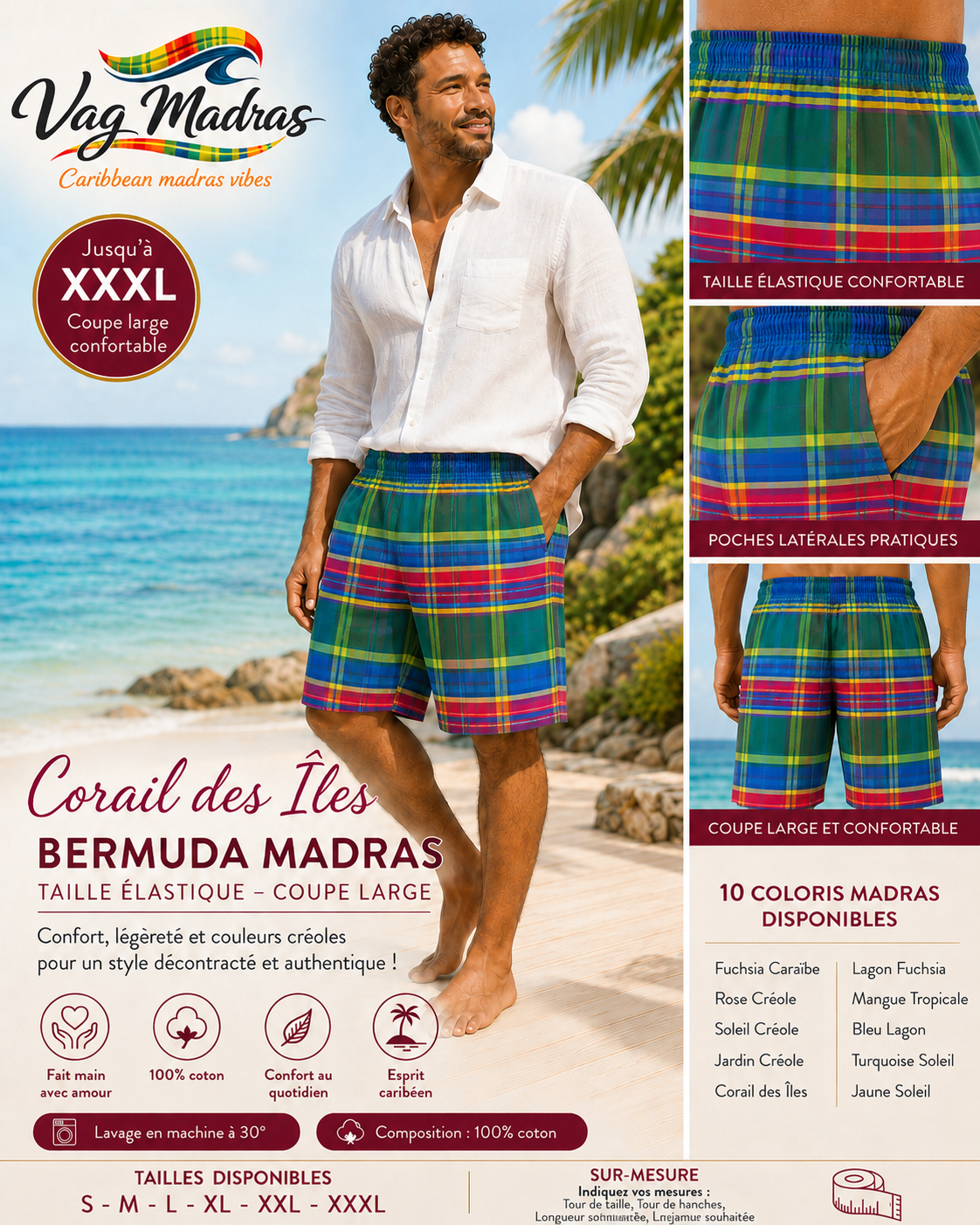 Bermuda Madras Homme/Femme – Taille élastique – Coupe large