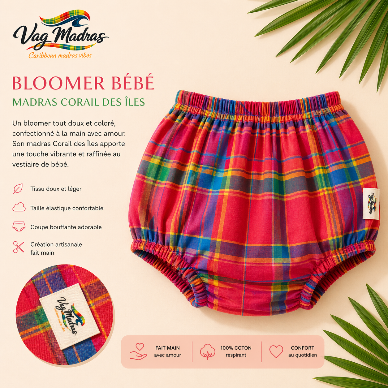 Bloomer bébé madras – Taille élastique – fait main