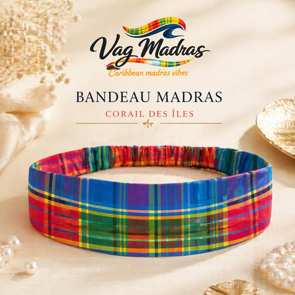 Bandeau Madras Corail des Îles – fait main