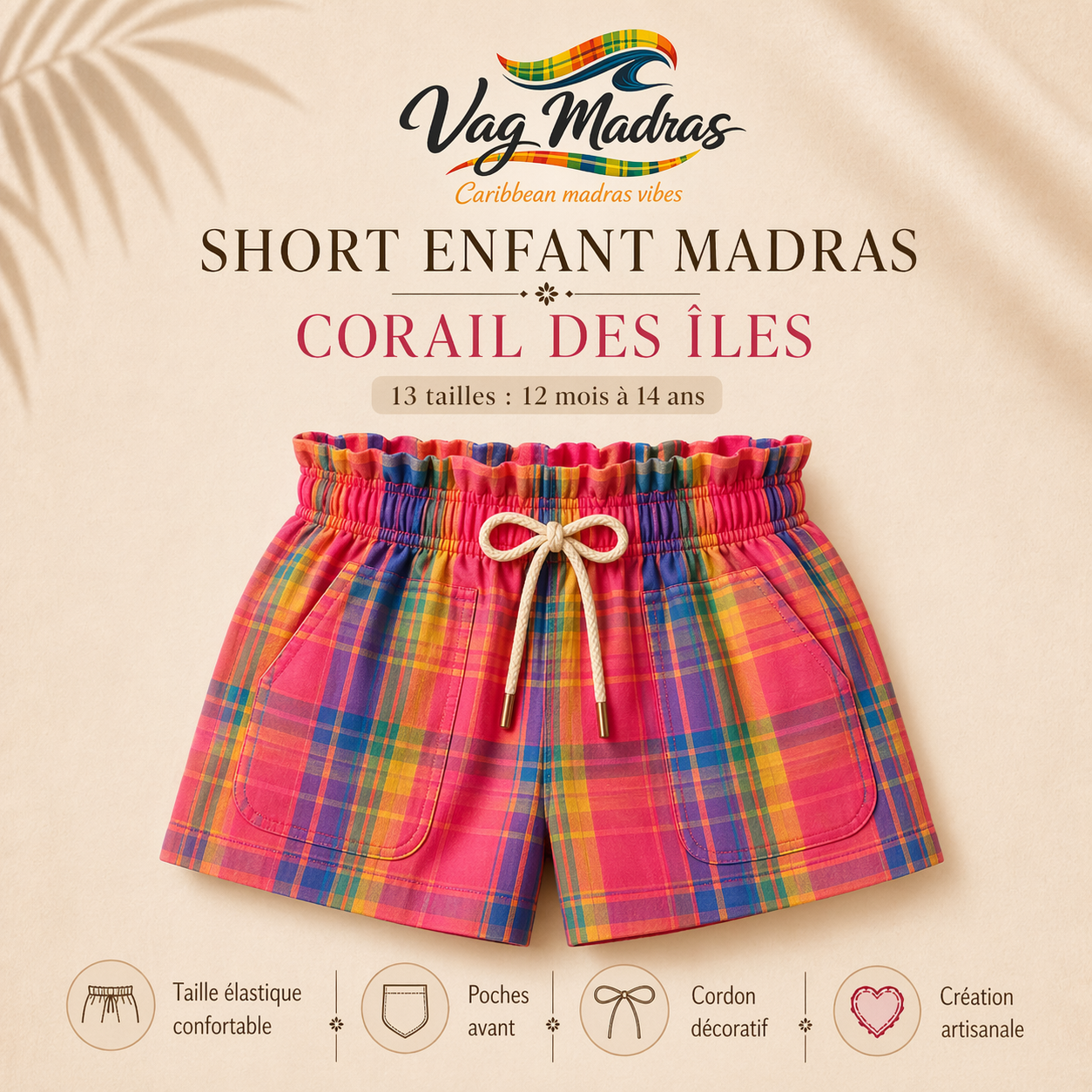 Short enfant madras Corail des Îles – fait main