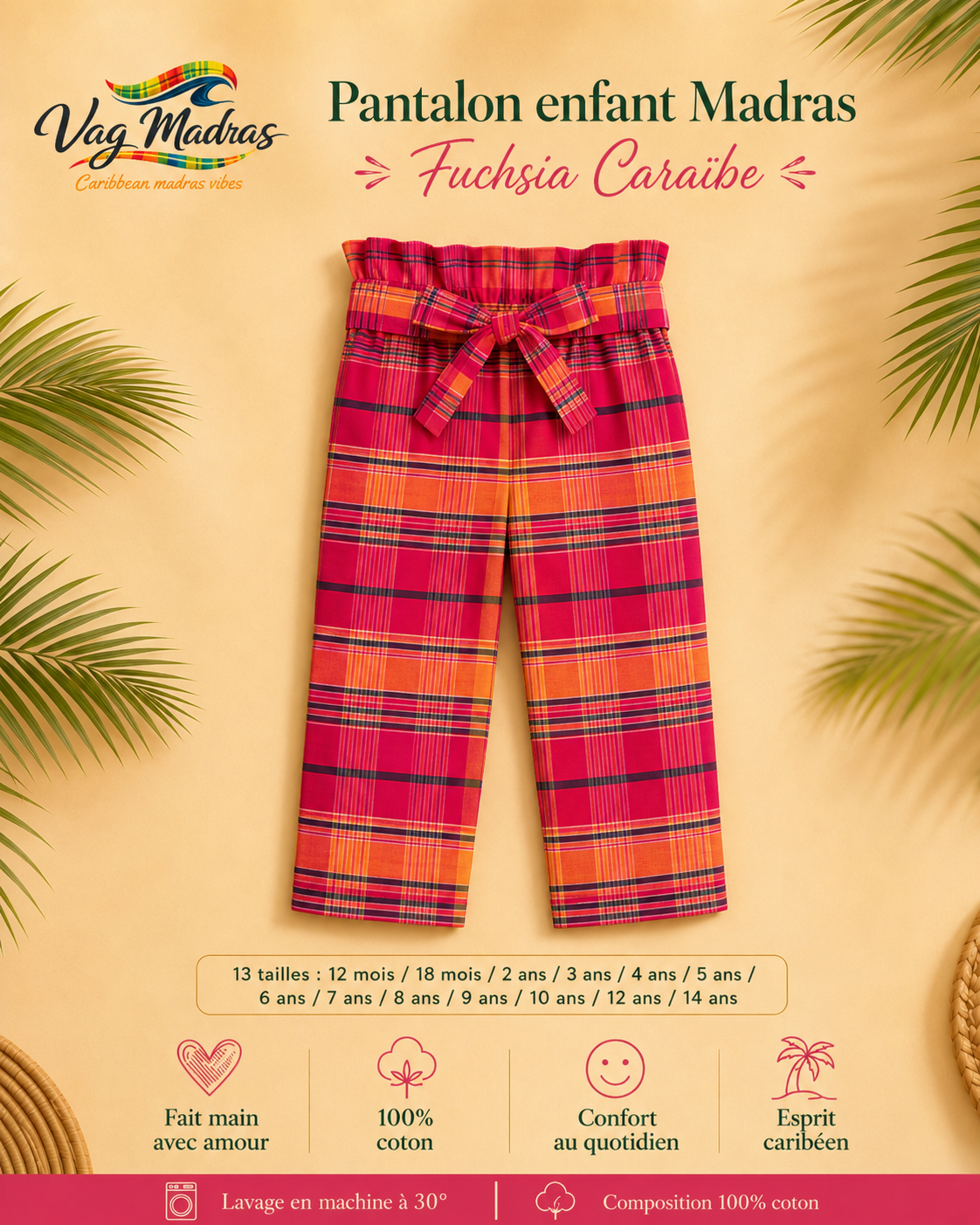 Pantalon enfant madras Fuchsia Caraïbe – fait main