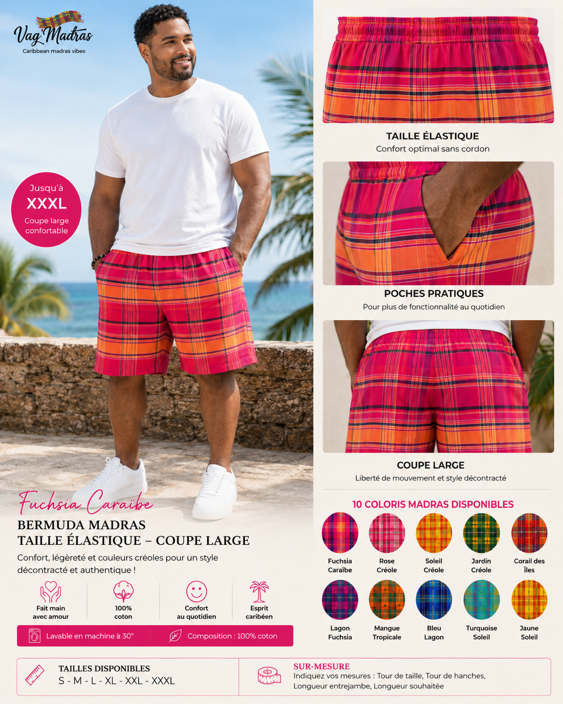 Bermuda Madras Homme/Femme – Taille élastique – Coupe large
