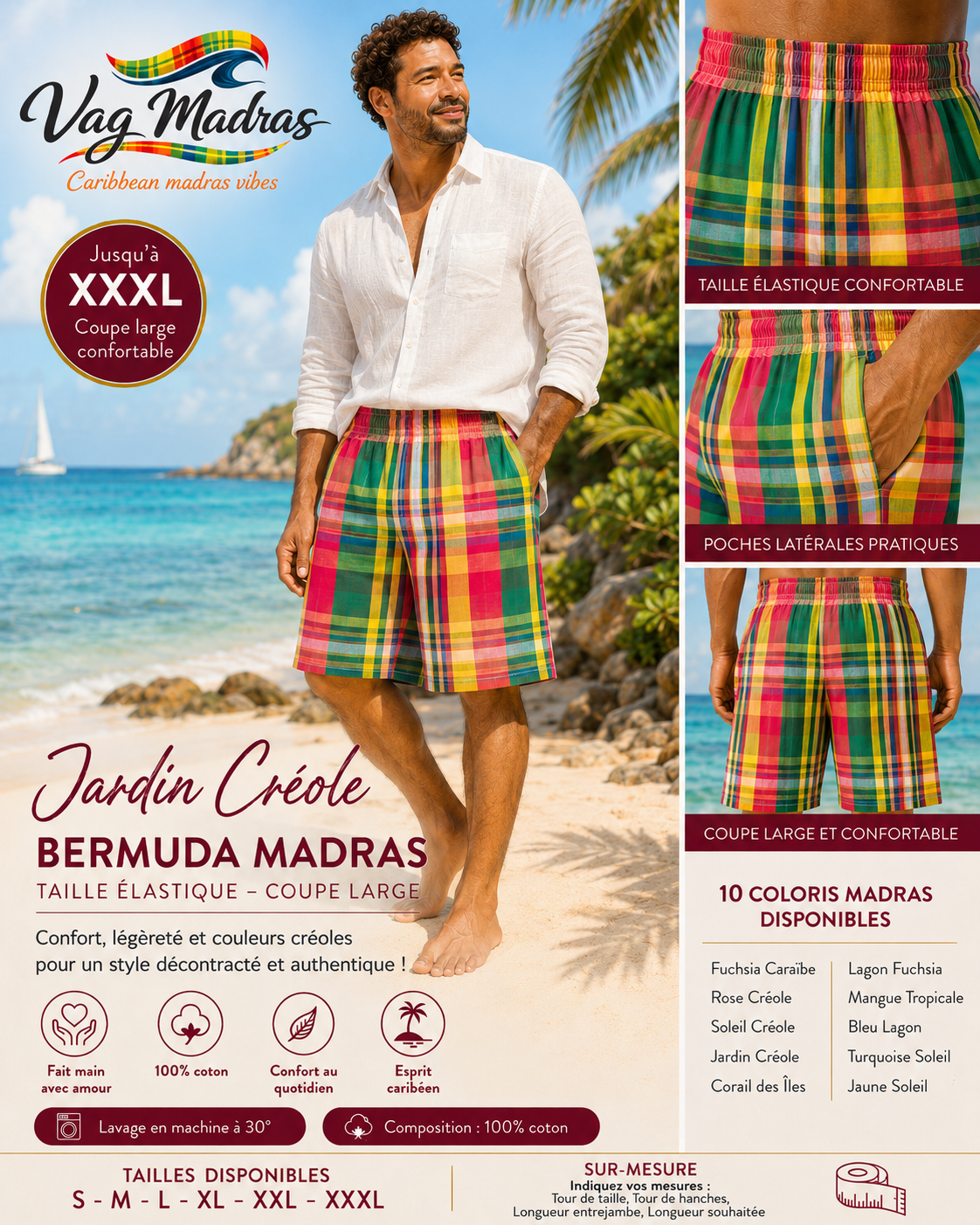 Bermuda Madras Homme/Femme – Taille élastique – Coupe large