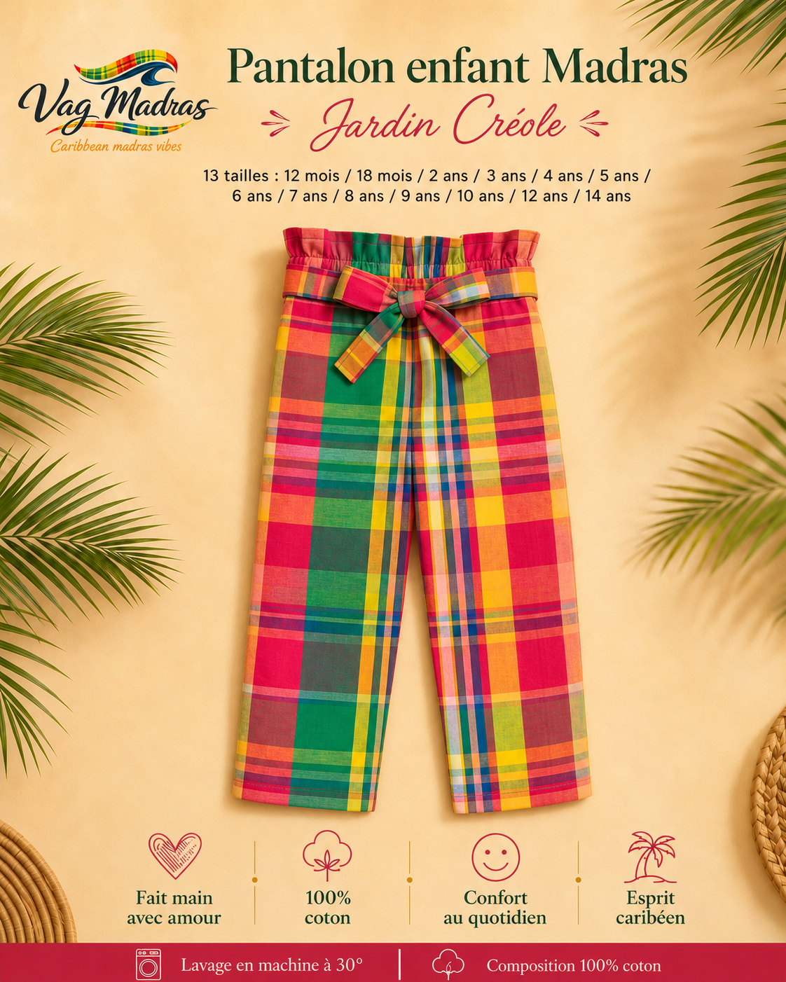 Pantalon enfant madras Jardin Créole – fait main