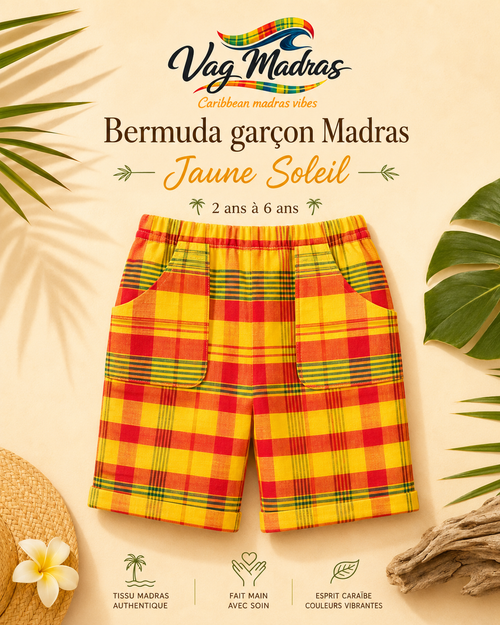 Bermuda garçon madras – Taille élastique – fait main