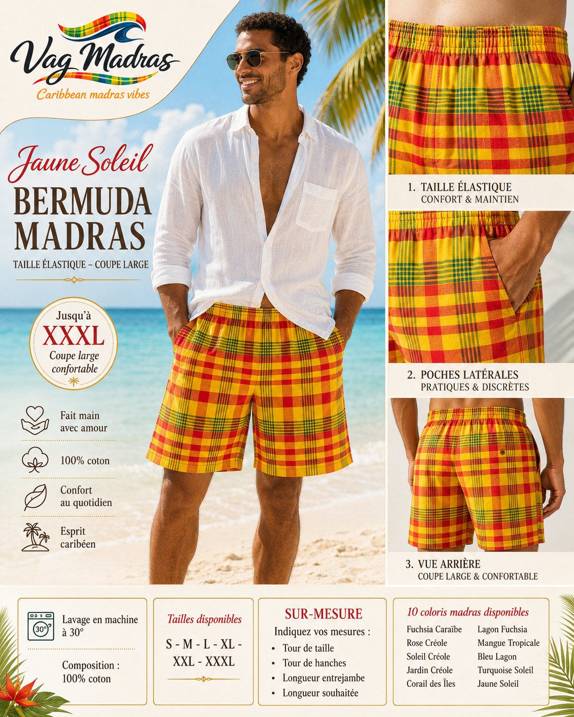 Bermuda Madras Homme/Femme – Taille élastique – Coupe large