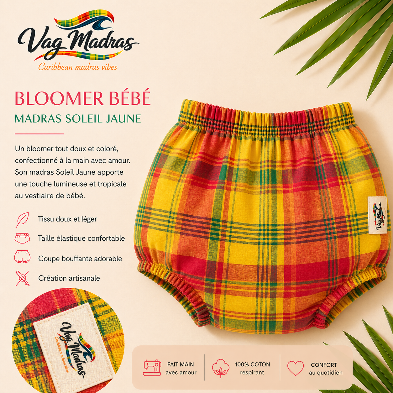 Bloomer bébé madras Jaune Soleil – fait main