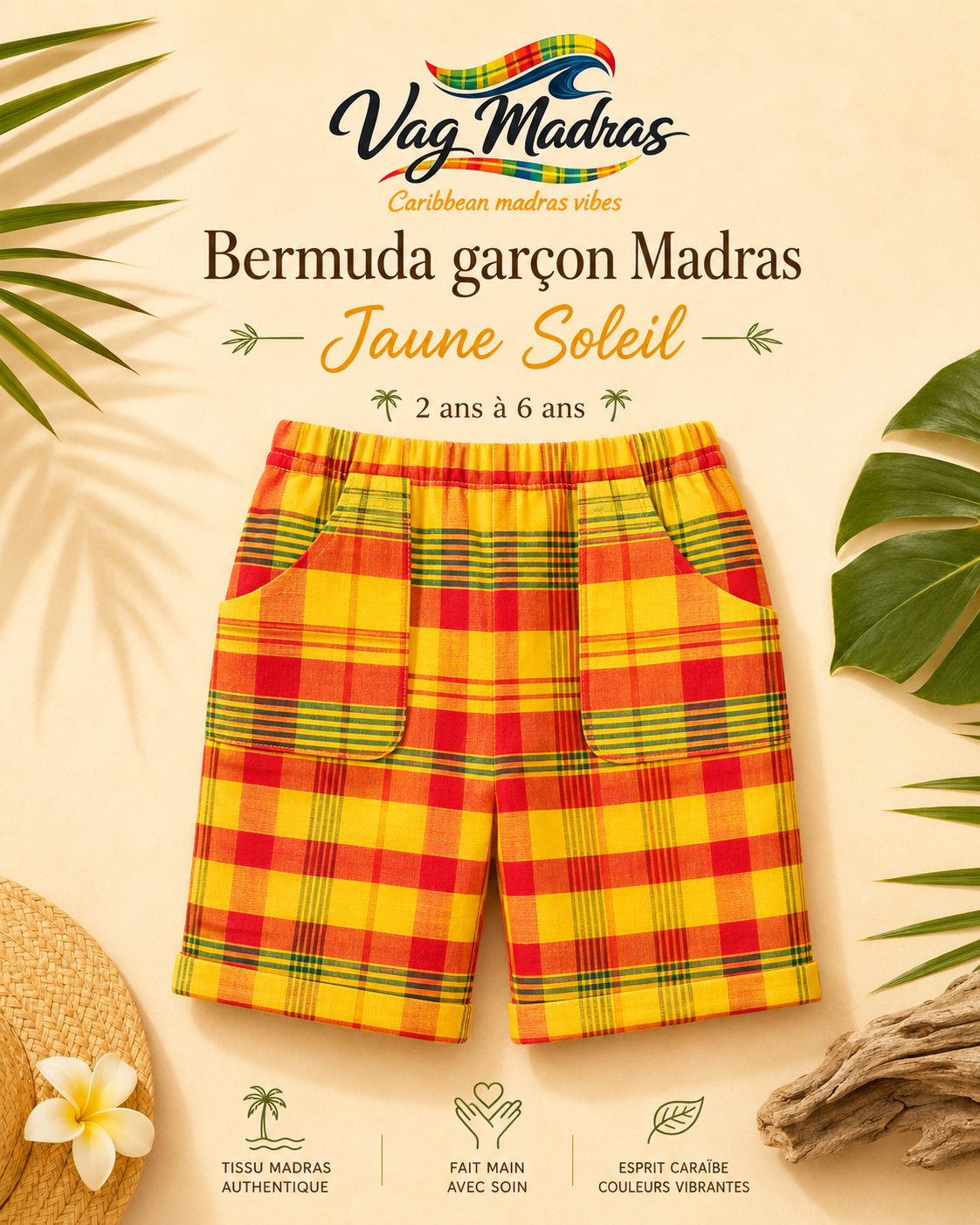 Bermuda garçon madras Jaune Soleil – fait main