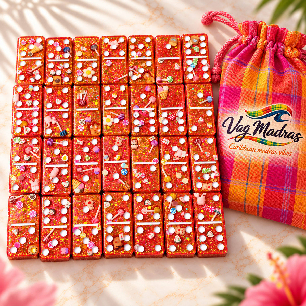 Jeu de dominos en résine Gourmandise Créole modèle fin Vag Madras avec pochon Rose Créole
