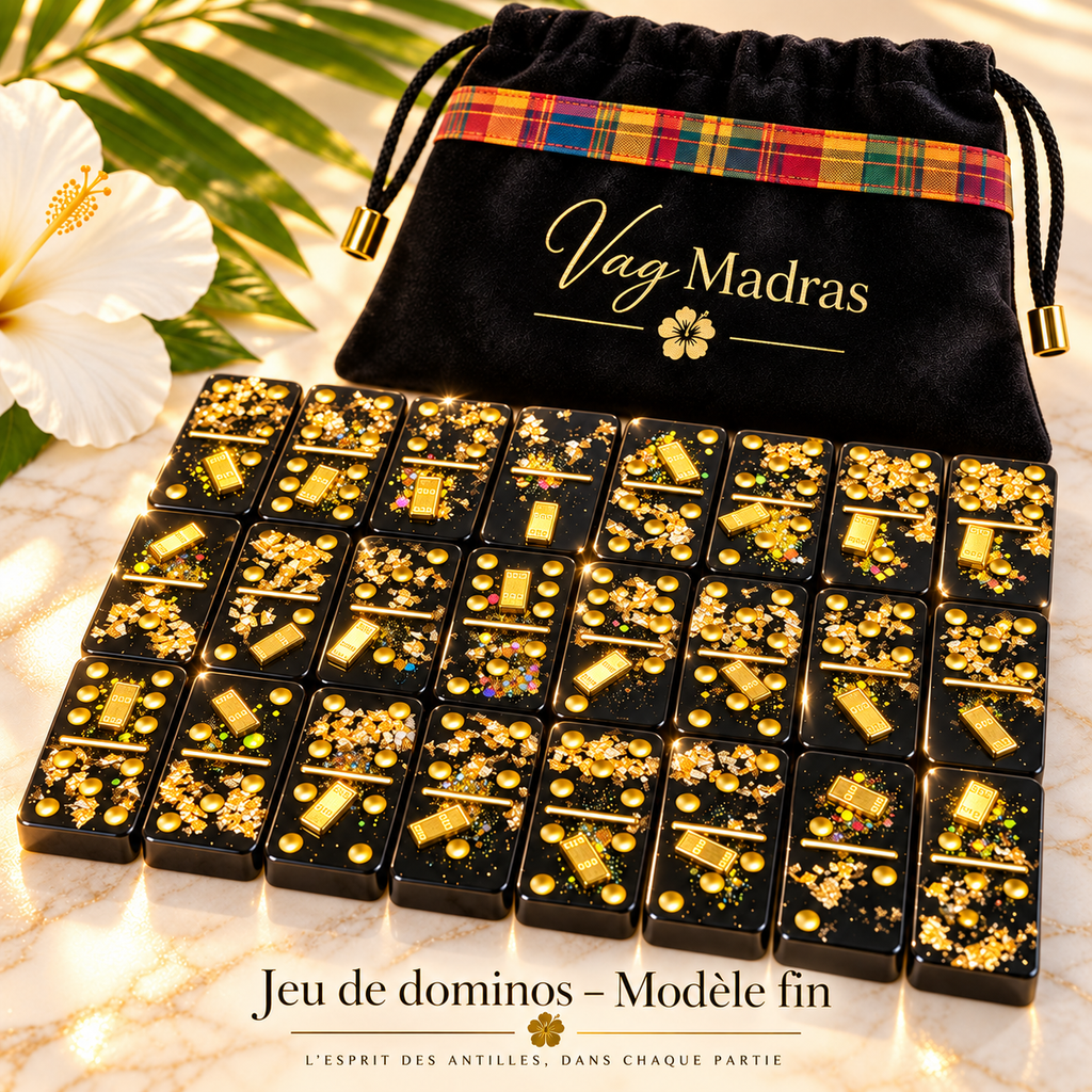 Jeu de dominos en résine noir et or modèle fin Vag Madras avec pochon noir