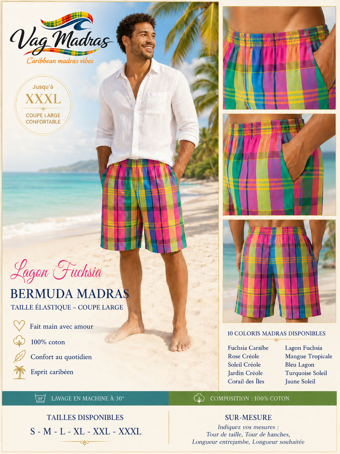 Bermuda Madras Homme/Femme – Taille élastique – Coupe large