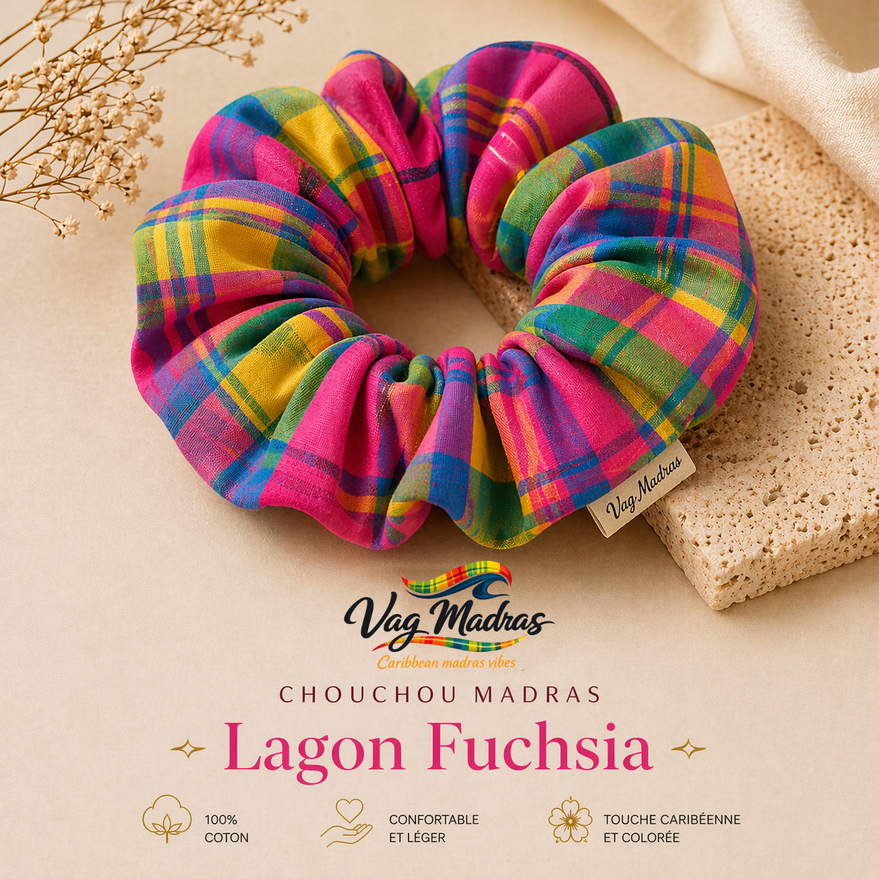 Chouchou Madras Lagon Fuchsia – fait main