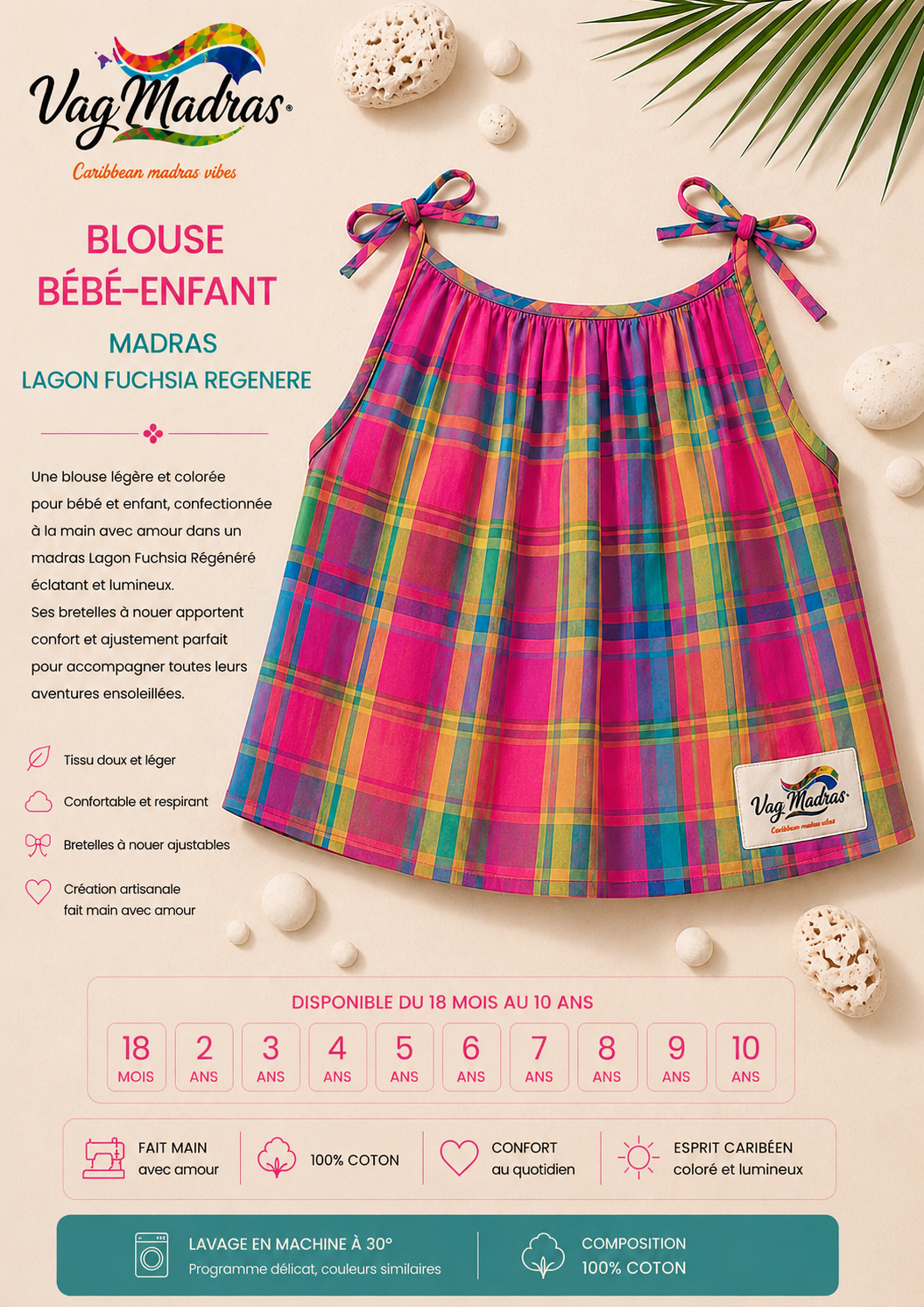 Blouse bébé-enfant madras Lagon Fuchsia – fait main
