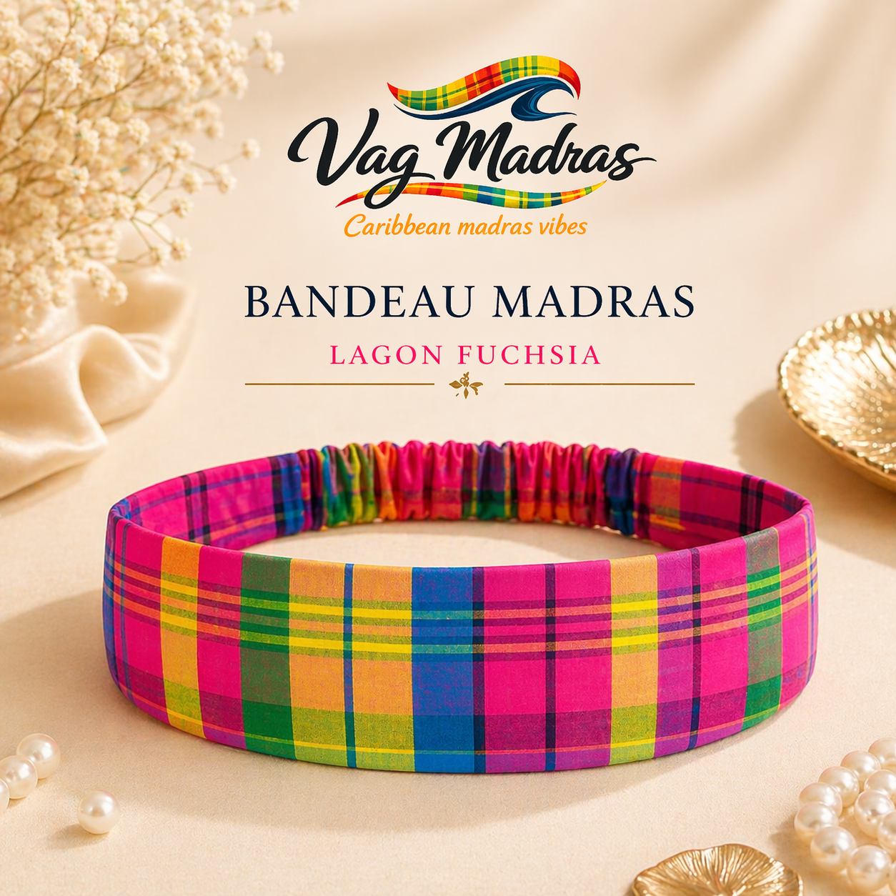 Bandeau Madras Lagon Fuchsia – fait main