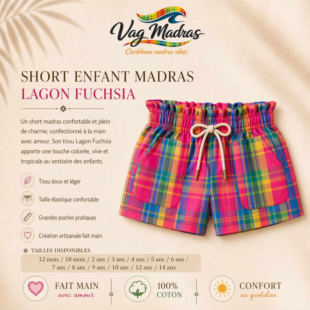Short enfant madras Lagon Fuchsia – fait main