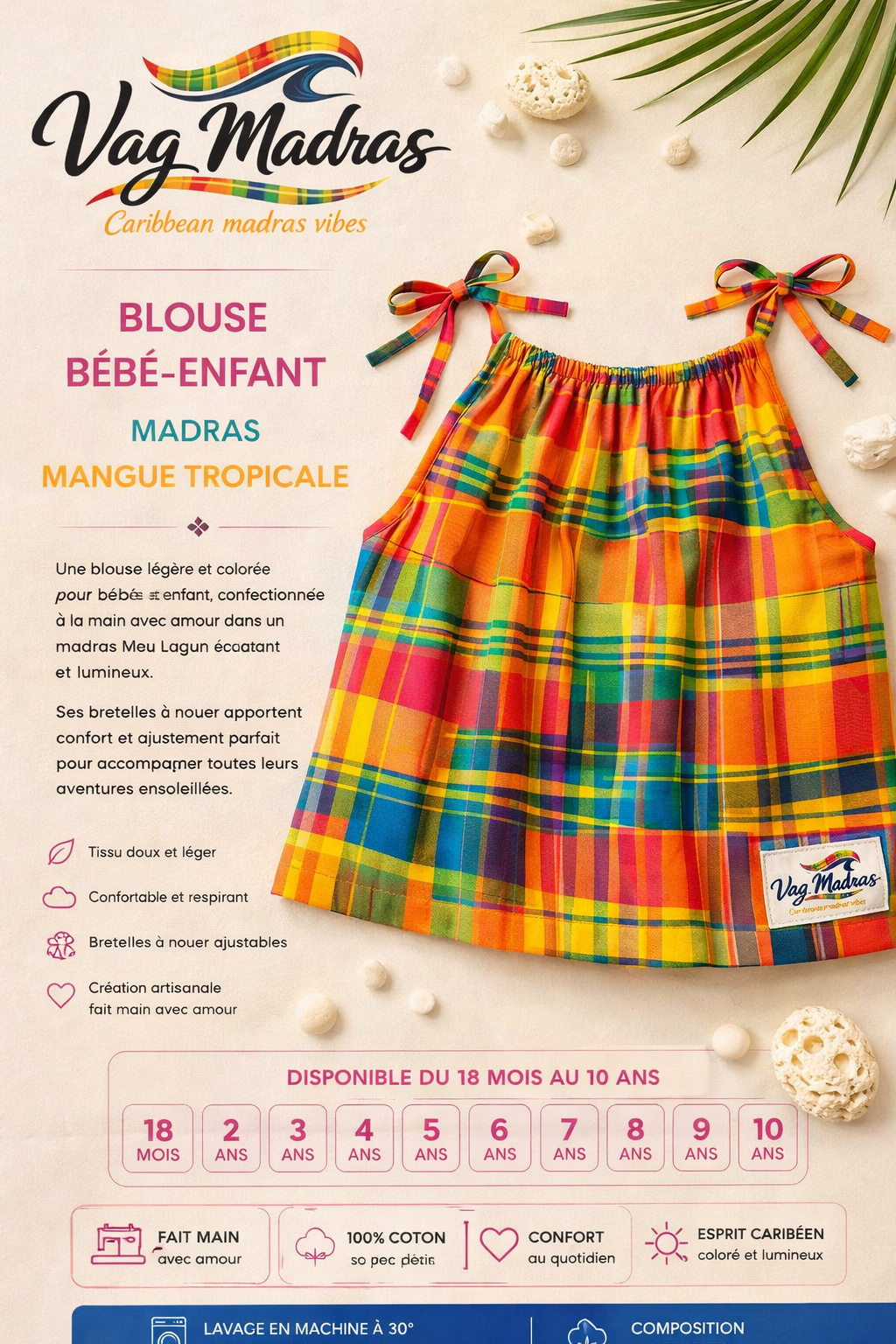 Blouse bébé-enfant madras Mangue Tropicale – fait main