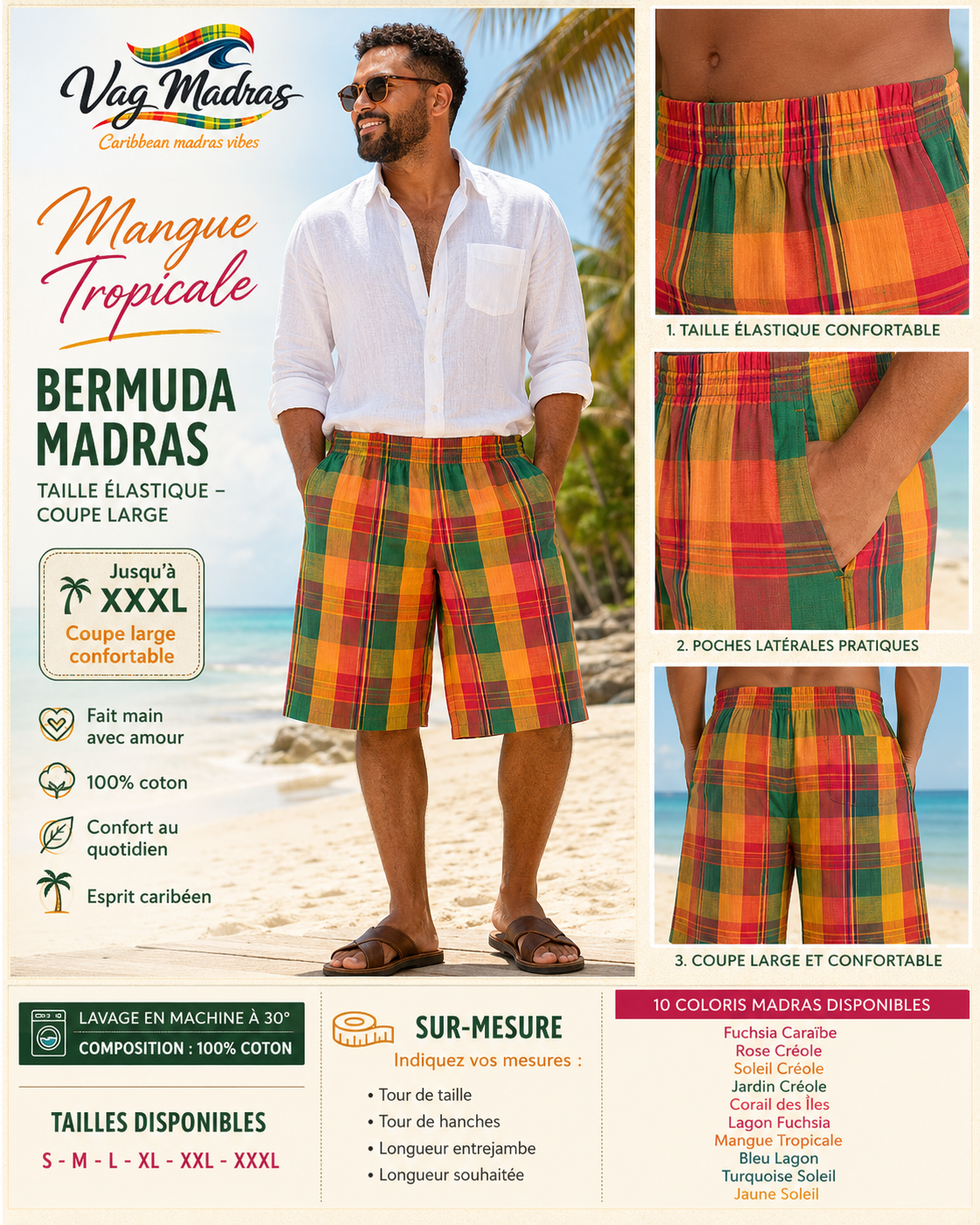 Bermuda Madras Homme/Femme – Taille élastique – Coupe large