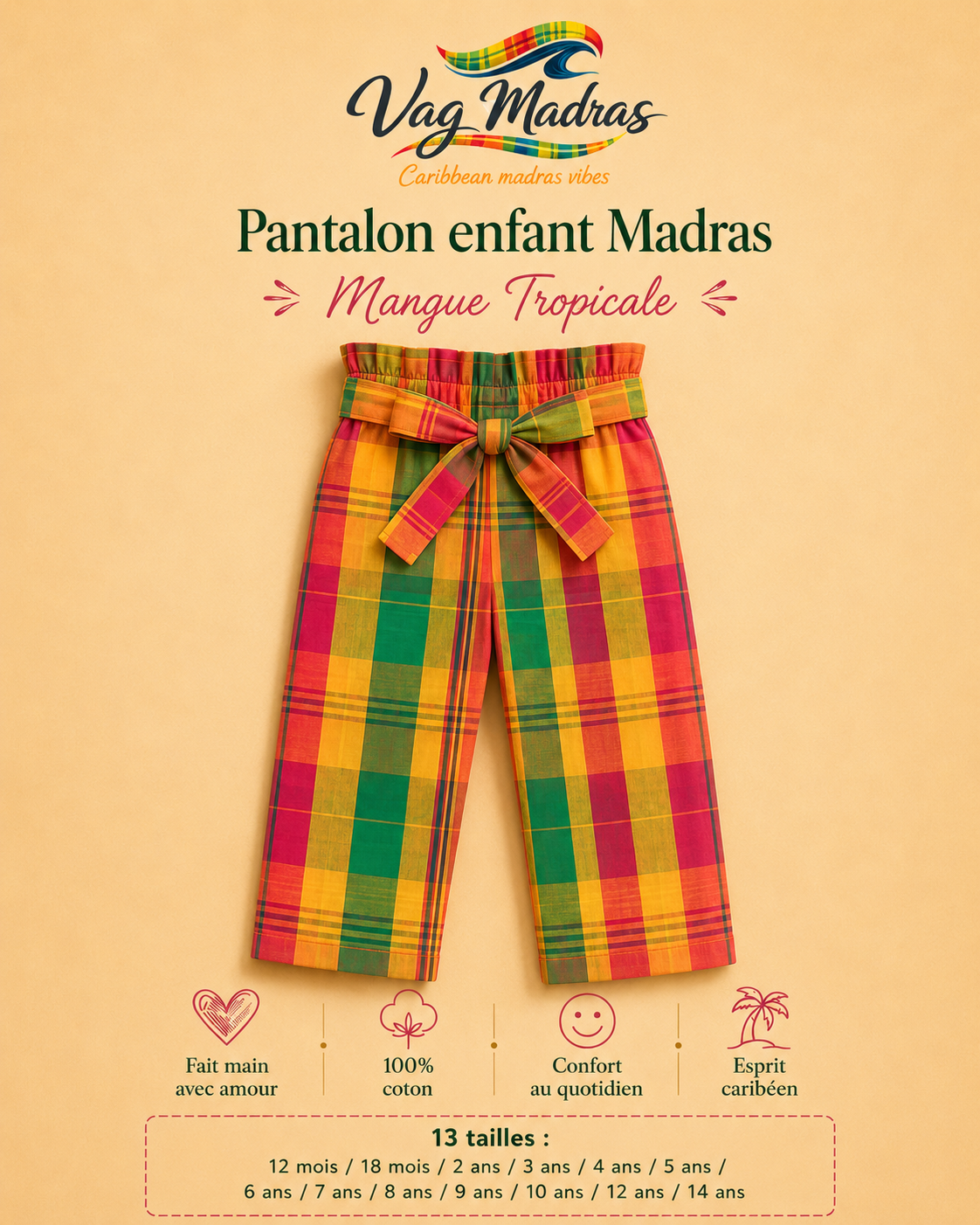 Pantalon enfant madras Mangue Tropicale – fait main